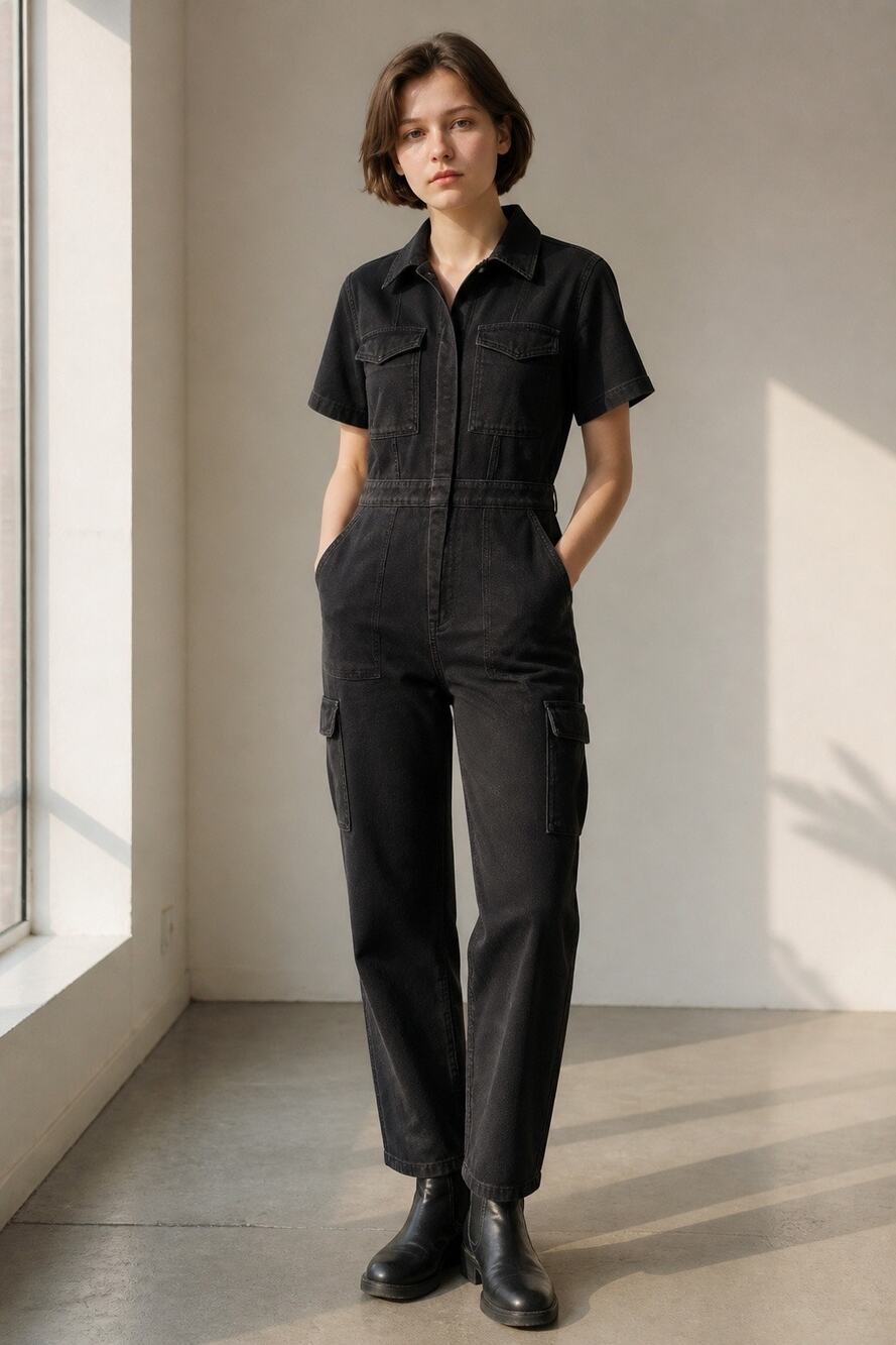 NWT L Good American Black Denim Zip Front Utility Fit For Success Jumpsuit